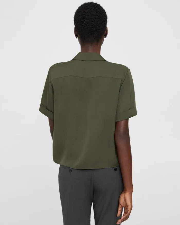 Theory Camp Shirt In Silk Georgette Dark Olive Women Tops