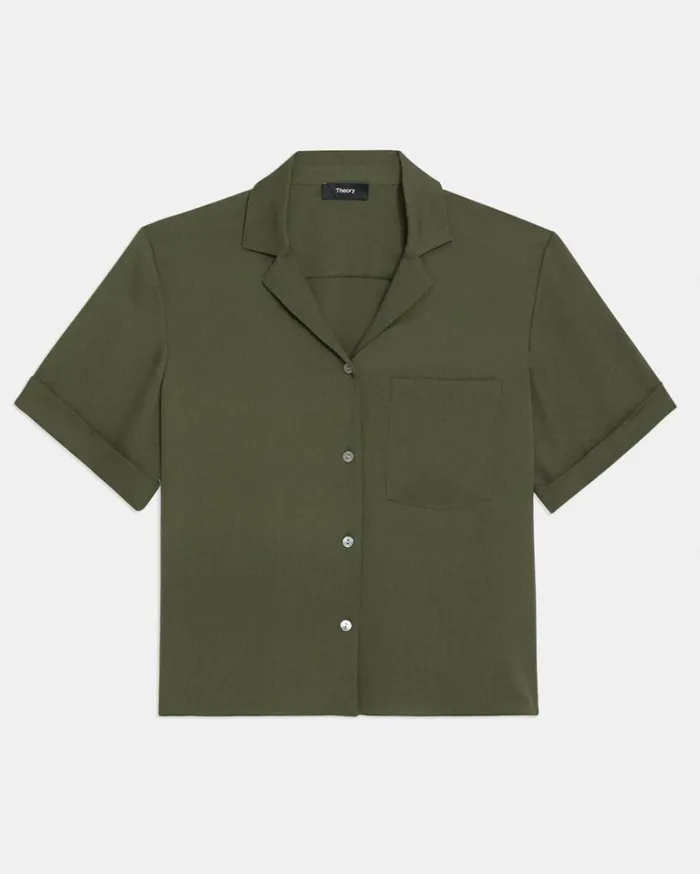 Theory Camp Shirt In Silk Georgette Dark Olive Women Tops