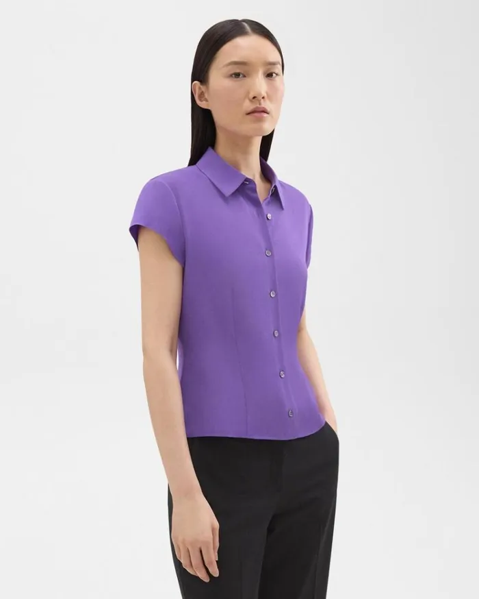 Theory Cap Sleeve Shirt In Silk Georgette Bright Peony Women Tops