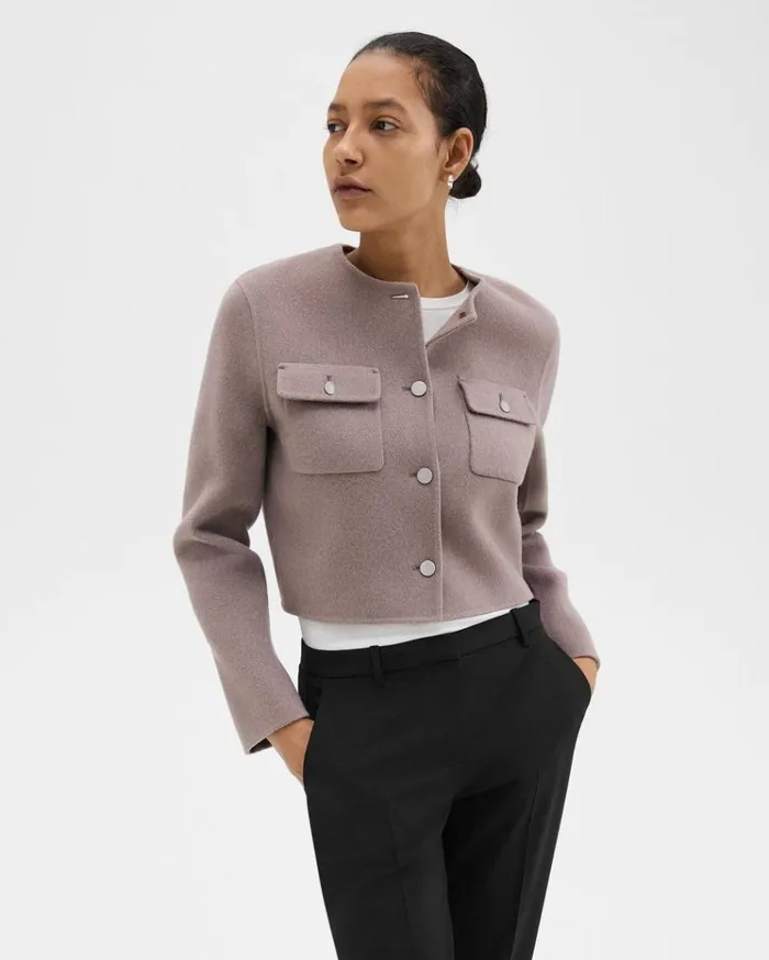 Theory Cardigan Jacket In DoubleFace WoolCashmere Cinder Melange Women Blazers Jackets