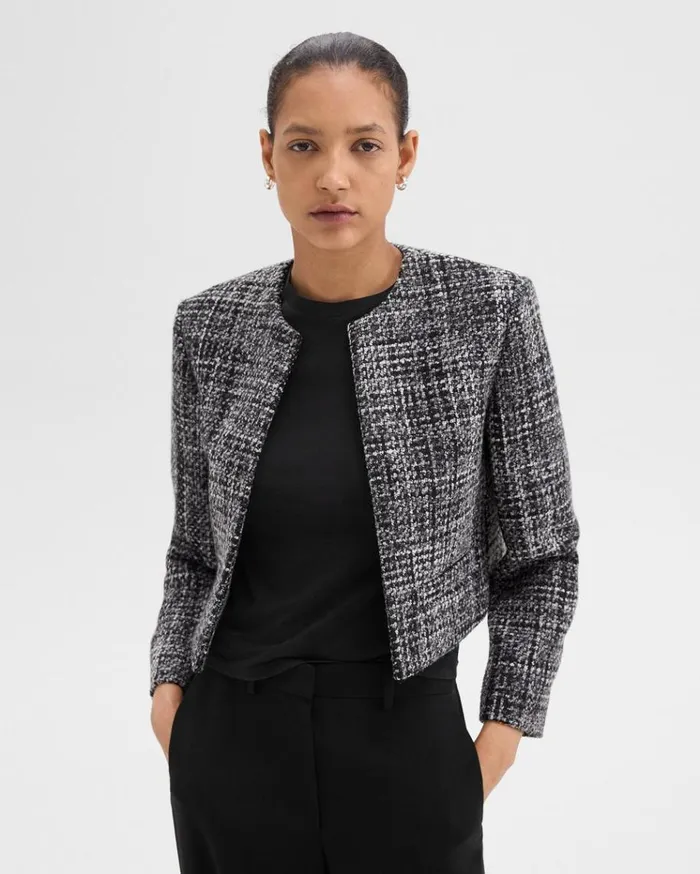 Theory Cropped Jacket In Mlange Tweed Black Multi Women Blazers Jackets