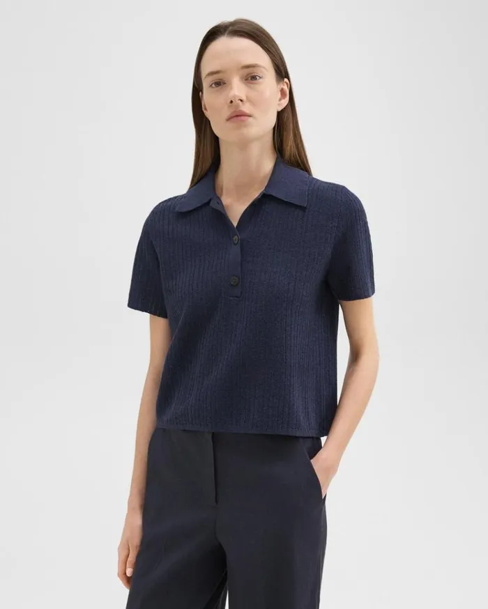 Theory Cropped Polo In LinenViscose Nocturne Navy Women Sweaters Cardigans