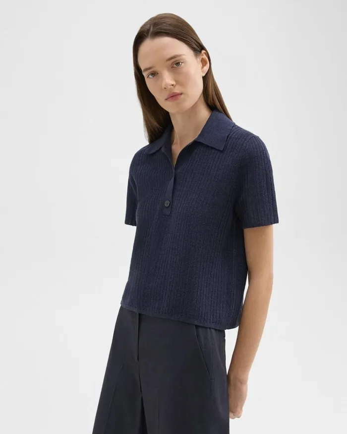 Theory Cropped Polo In LinenViscose Nocturne Navy Women Sweaters Cardigans Theory Cropped Polo In LinenViscose Nocturne Navy Women Sweaters Cardigans