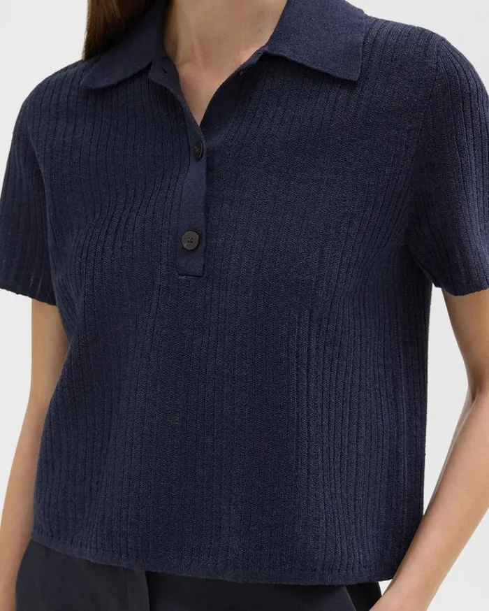 Theory Cropped Polo In LinenViscose Nocturne Navy Women Sweaters Cardigans Theory Cropped Polo In LinenViscose Nocturne Navy Women Sweaters Cardigans
