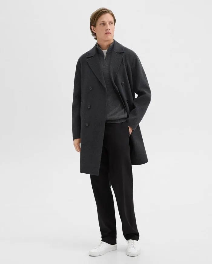 Theory DoubleBreasted Coat In DoubleFace WoolCashmere Dark Charcoal Melange Men Outerwear