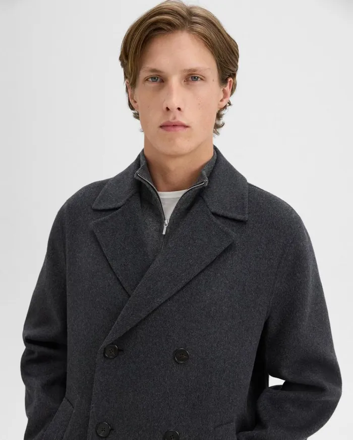 Theory DoubleBreasted Coat In DoubleFace WoolCashmere Dark Charcoal Melange Men Outerwear