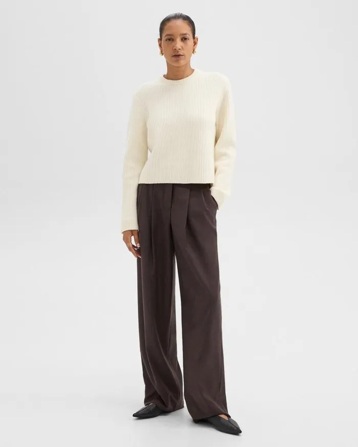 Theory Double Pleat Pant In Sleek Flannel Hickory Melange Women Pants