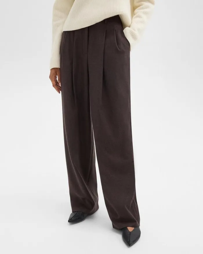 Theory Double Pleat Pant In Sleek Flannel Hickory Melange Women Pants