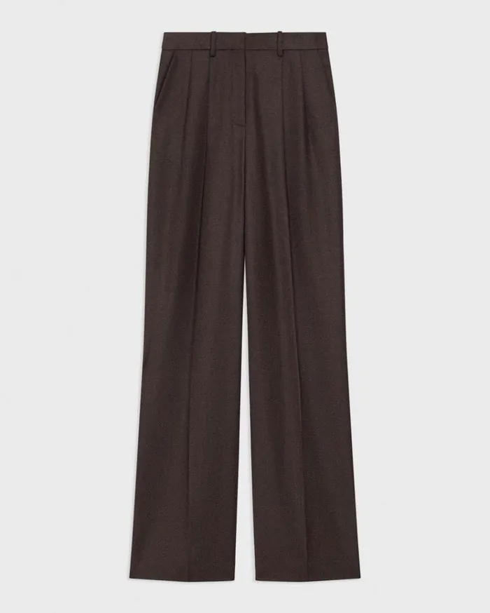 Theory Double Pleat Pant In Sleek Flannel Hickory Melange Women Pants