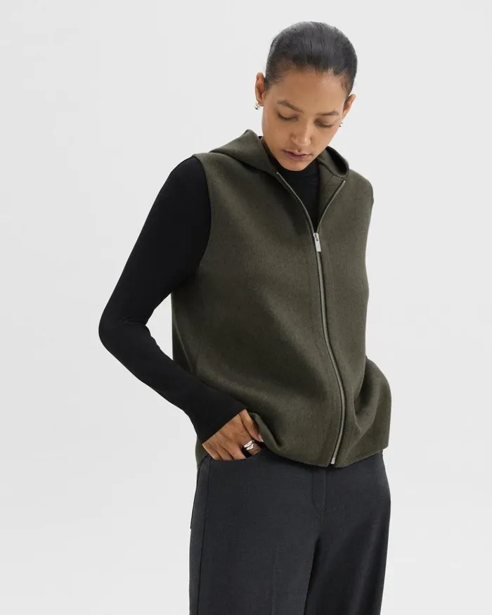 Theory Hooded ZipUp Vest In DoubleFace WoolCashmere Hunter Green Melange Women Outerwear