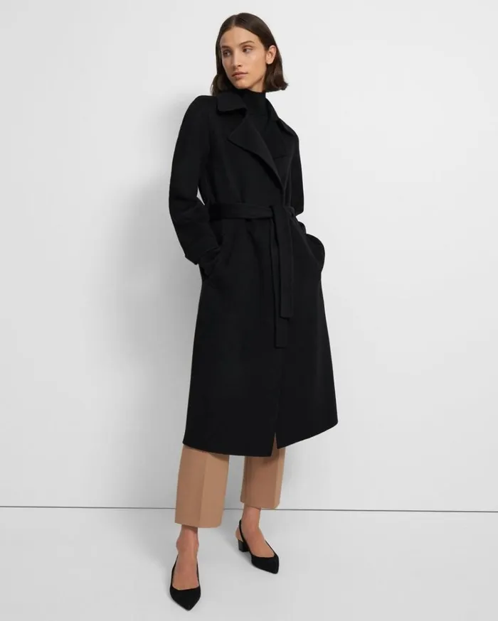 Theory Long Oaklane Trench Coat In Cashmere Black Women Outerwear Theory Long Oaklane Trench Coat In Cashmere Black Women Outerwear