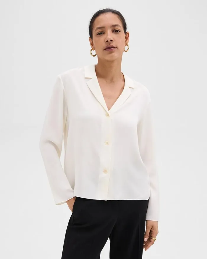 Theory Notched Lapel Blouse In Silk Georgette Ivory Women Tops