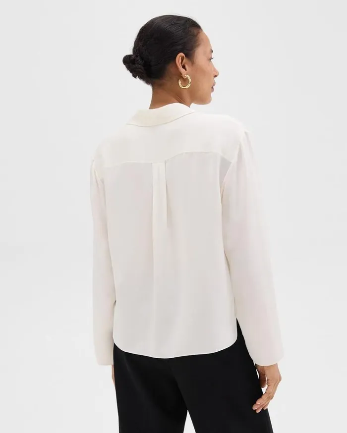 Theory Notched Lapel Blouse In Silk Georgette Ivory Women Tops