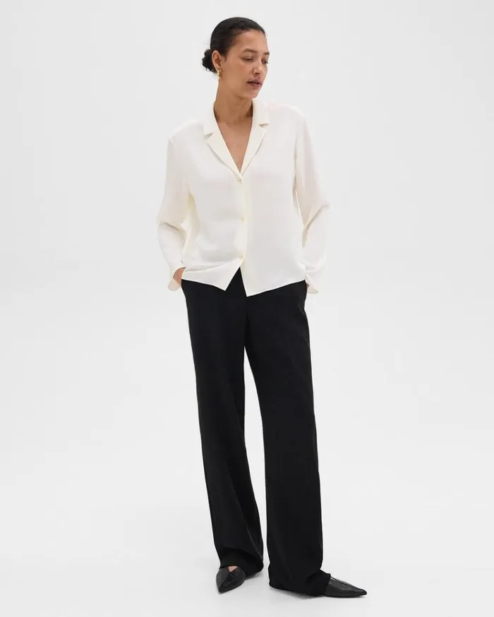 Theory Notched Lapel Blouse In Silk Georgette Ivory Women Tops