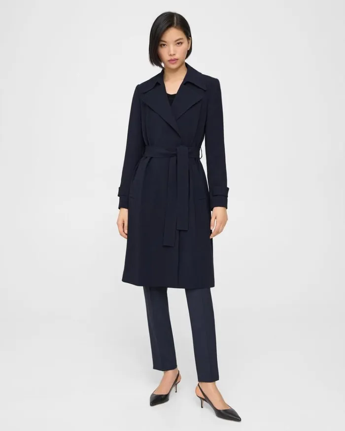 Theory Oaklane Trench Coat In Admiral Crepe Nocturne Navy Women Outerwear