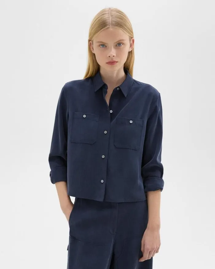 Theory Patch Pocket Shirt In Fluid Twill Nocturne Navy Women Tops