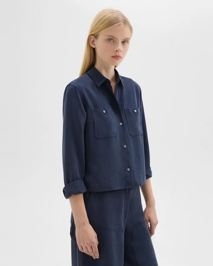 Theory Patch Pocket Shirt In Fluid Twill Nocturne Navy Women Tops Theory Patch Pocket Shirt In Fluid Twill Nocturne Navy Women Tops