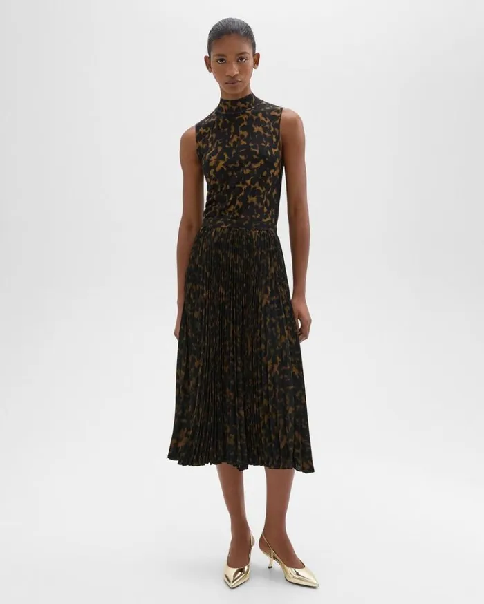 Theory Pleated Midi Skirt In Tortoiseshell Printed Georgette Dark Brown Multi Women Skirts