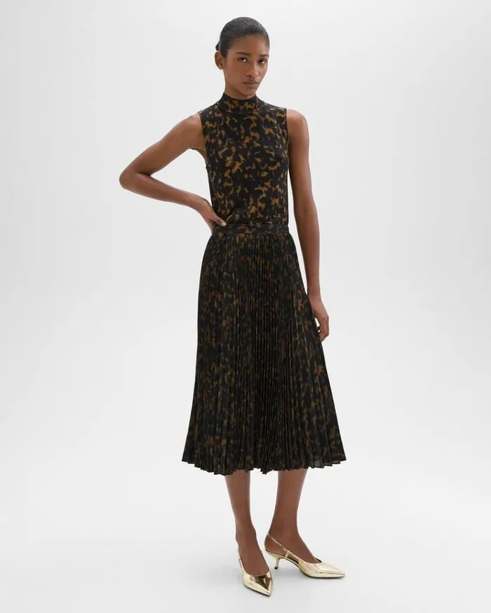 Theory Pleated Midi Skirt In Tortoiseshell Printed Georgette Dark Brown Multi Women Skirts Theory Pleated Midi Skirt In Tortoiseshell Printed Georgette Dark Brown Multi Women Skirts