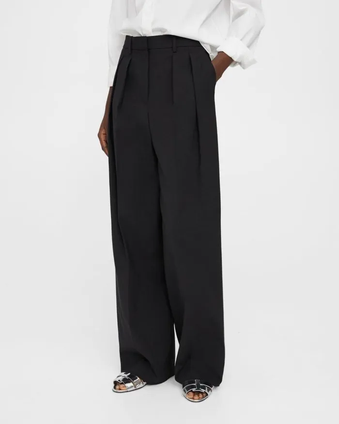 Theory Pleated WideLeg Pant In Stretch Wool Black Women Pants Theory Pleated WideLeg Pant In Stretch Wool Black Women Pants