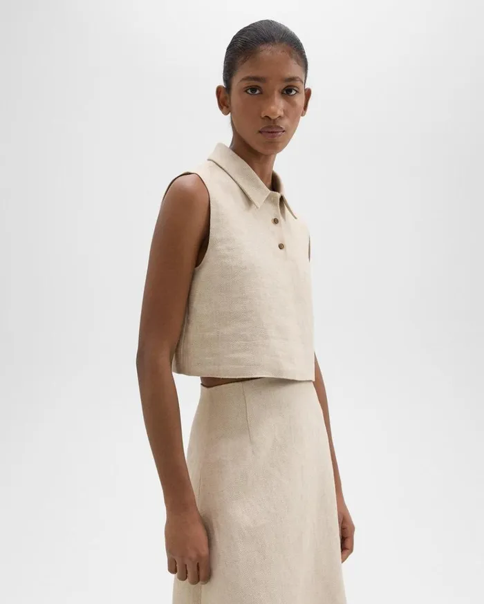 Theory Sleeveless Polo In Basket Weave Linen Straw Women Tops Theory Sleeveless Polo In Basket Weave Linen Straw Women Tops