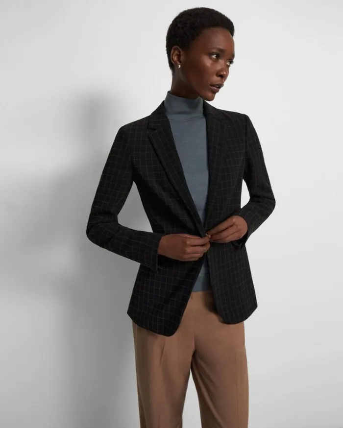 Theory Staple Blazer In Checked Crepe Black Multi Women Suits