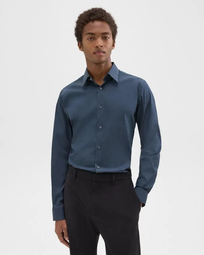 Theory Sylvain Shirt In Structure Knit Deep Sea Blue Men Shirts