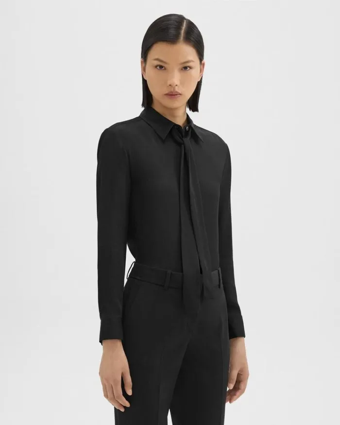 Theory Tie Neck Blouse In Silk Georgette Black Women Tops