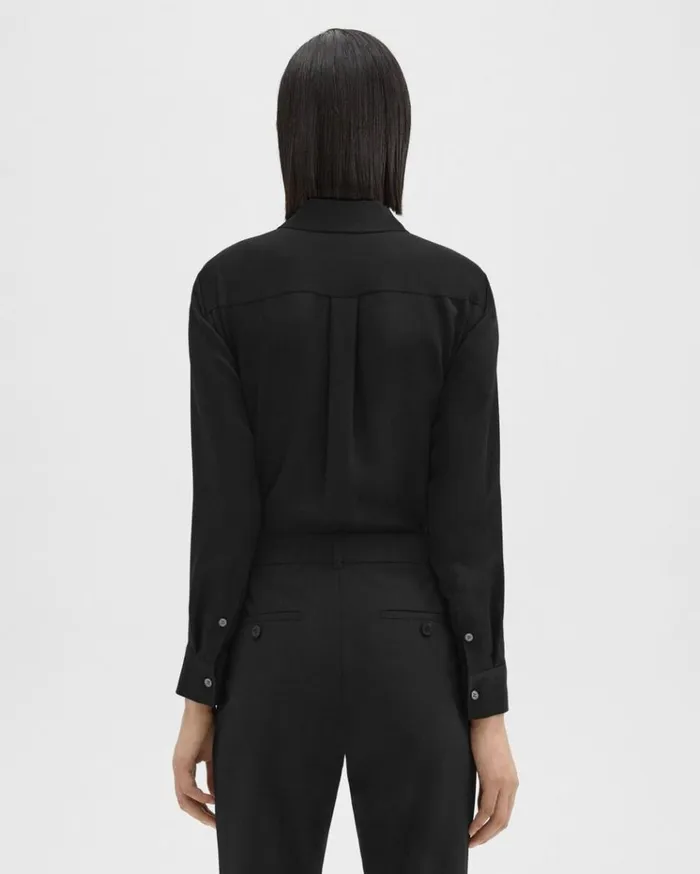Theory Tie Neck Blouse In Silk Georgette Black Women Tops