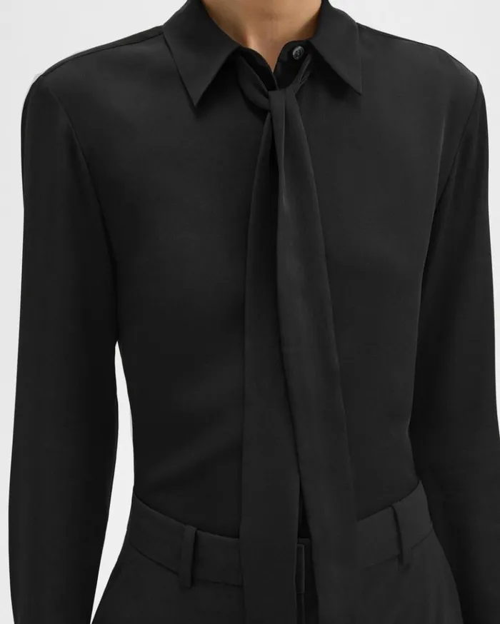 Theory Tie Neck Blouse In Silk Georgette Black Women Tops