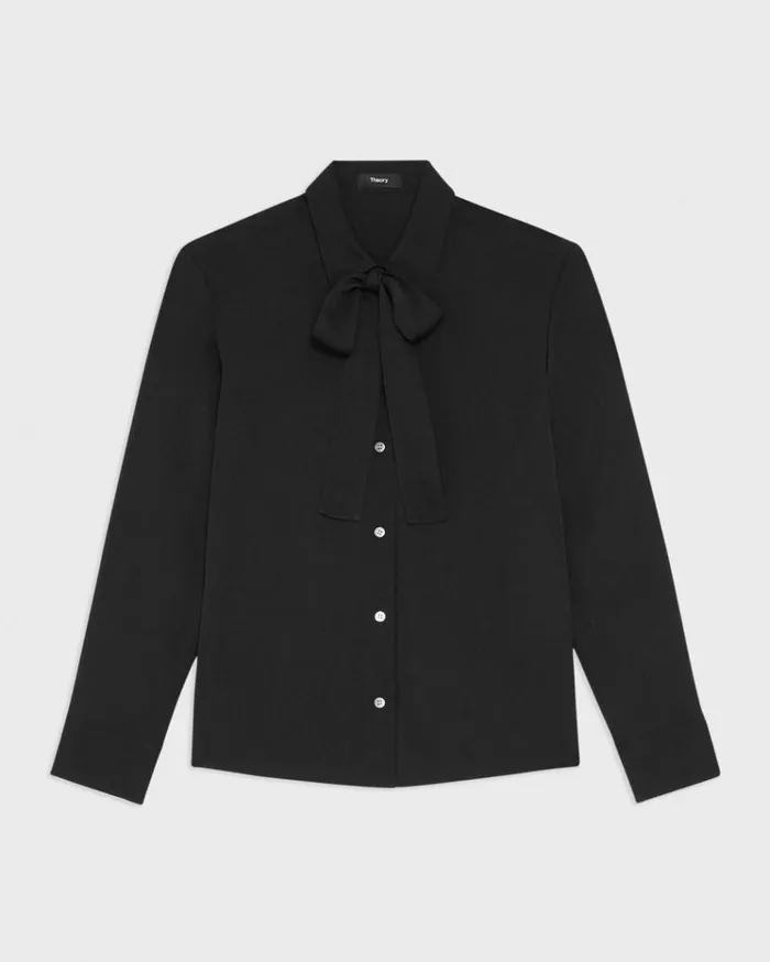 Theory Tie Neck Blouse In Silk Georgette Black Women Tops