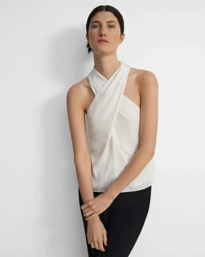 Theory Twisted Halter Top In Washed Twill Ivory Women Tops
