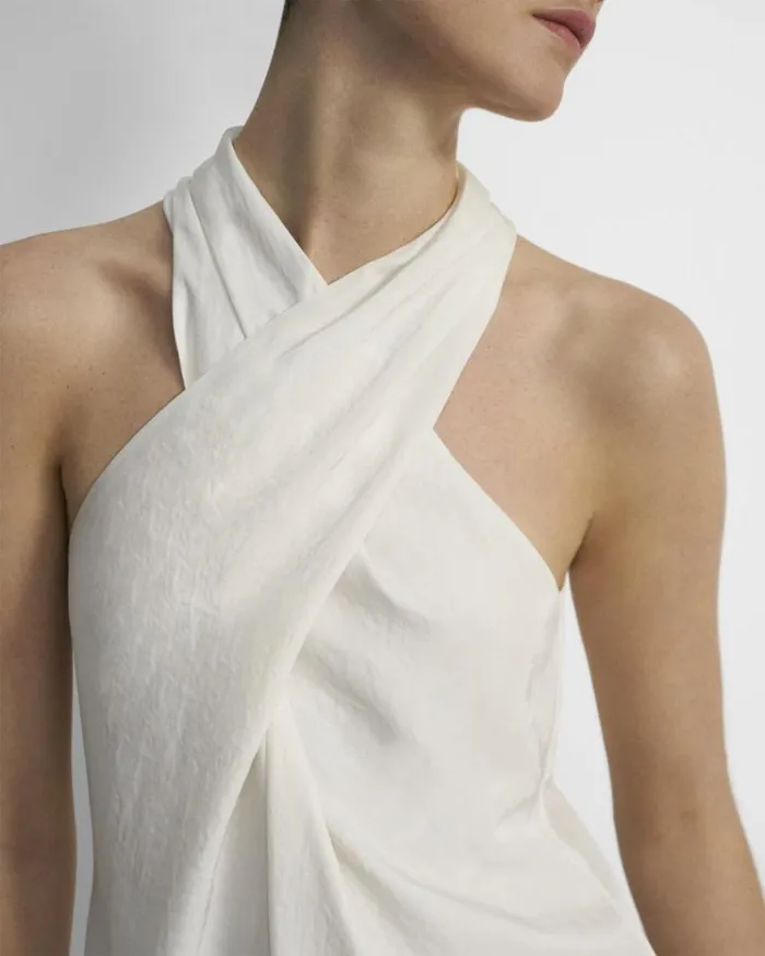 Theory Twisted Halter Top In Washed Twill Ivory Women Tops Theory Twisted Halter Top In Washed Twill Ivory Women Tops