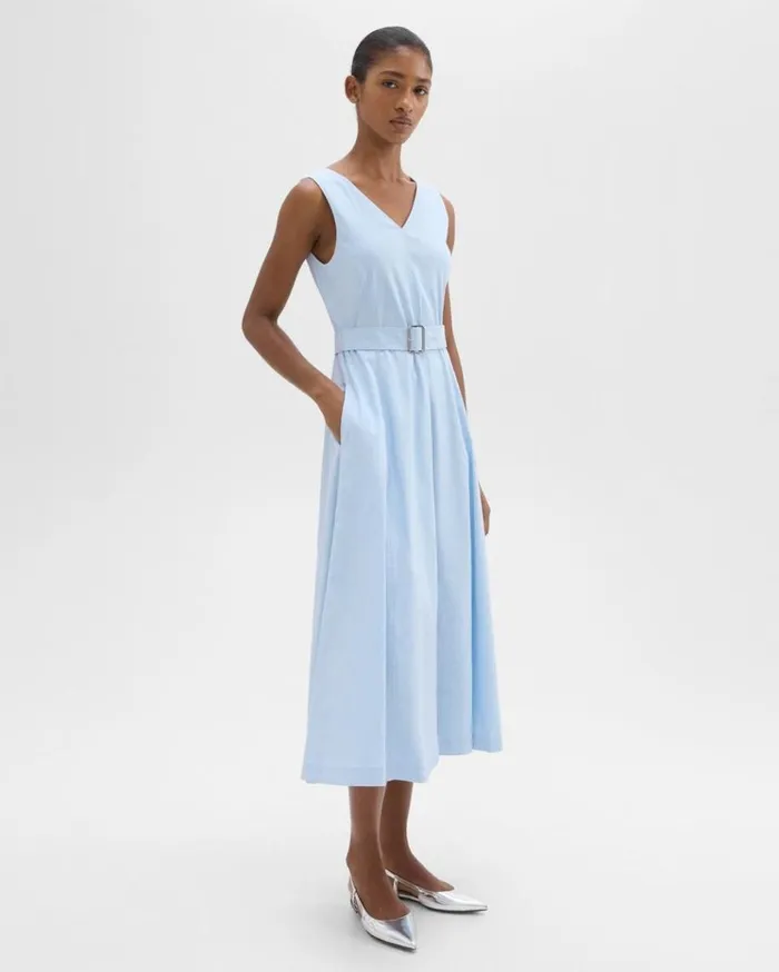 Theory VNeck Volume Dress In Good Linen Skylight Women Dresses