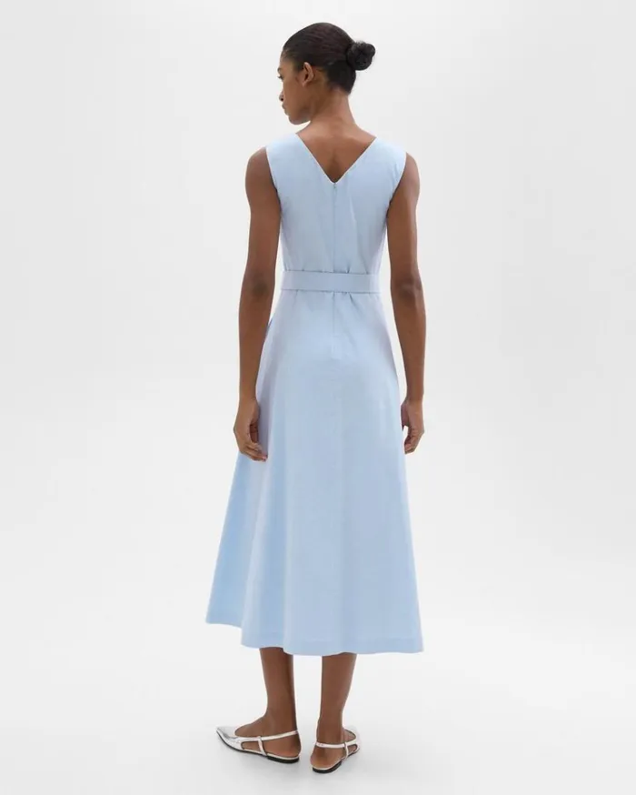 Theory VNeck Volume Dress In Good Linen Skylight Women Dresses