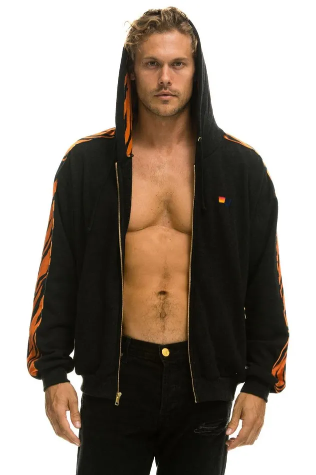 Tiger Stripe Relaxed Zip Hoodie With Pockets 8211 Black Tiger WomenMen Aviator Nation Hoodies
