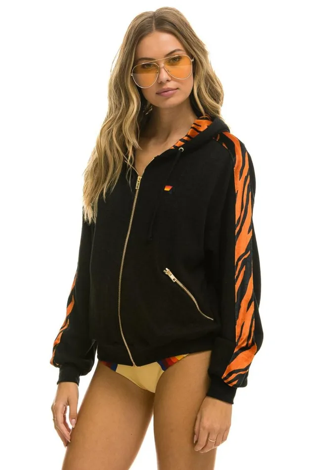 Tiger Stripe Relaxed Zip Hoodie With Pockets 8211 Black Tiger WomenMen Aviator Nation Hoodies