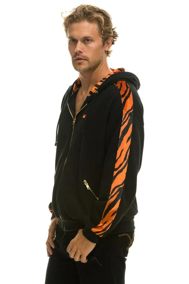 Tiger Stripe Relaxed Zip Hoodie With Pockets 8211 Black Tiger WomenMen Aviator Nation Hoodies