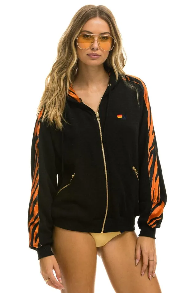 Tiger Stripe Relaxed Zip Hoodie With Pockets 8211 Black Tiger WomenMen Aviator Nation Hoodies