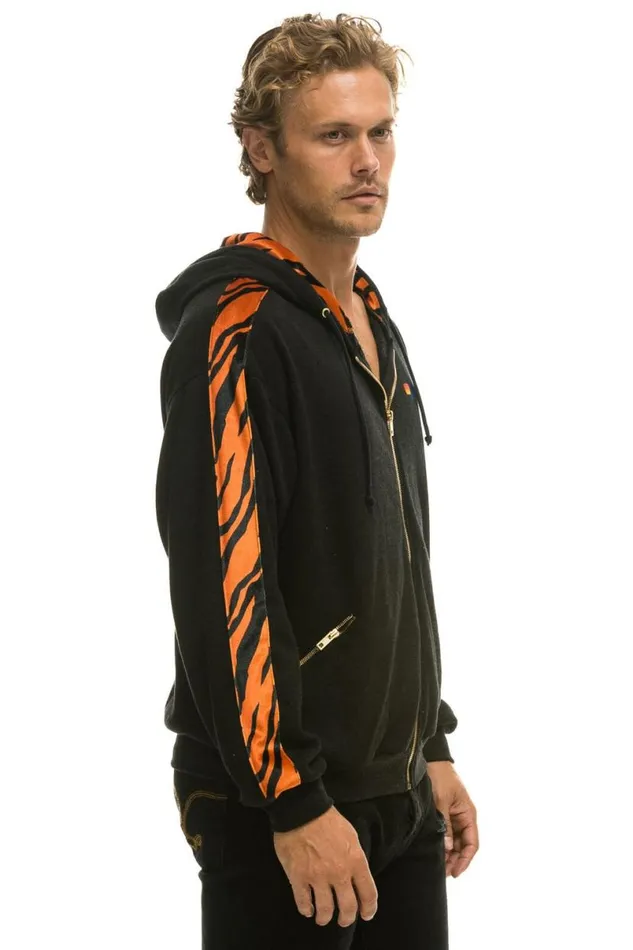 Tiger Stripe Relaxed Zip Hoodie With Pockets 8211 Black Tiger WomenMen Aviator Nation Hoodies
