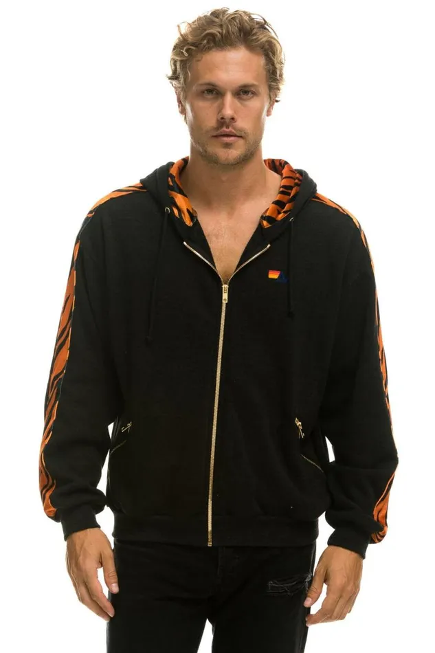 Tiger Stripe Relaxed Zip Hoodie With Pockets 8211 Black Tiger WomenMen Aviator Nation Hoodies