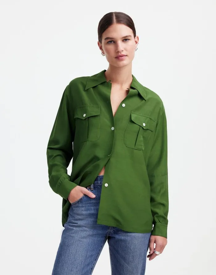 Tops and Shirts Women Madewell Alexa Chung For Madewell PleatPocket ButtonUp Shirt Dark Pine Tops and Shirts Women Madewell Alexa Chung For Madewell PleatPocket ButtonUp Shirt Dark Pine