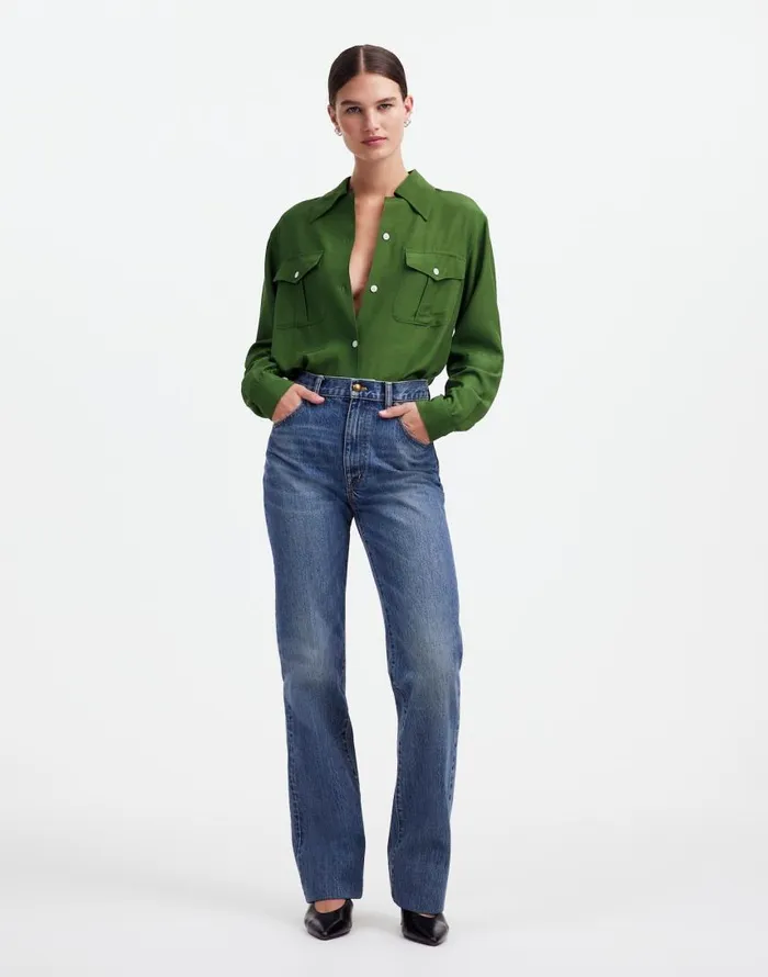 Tops and Shirts Women Madewell Alexa Chung For Madewell PleatPocket ButtonUp Shirt Dark Pine