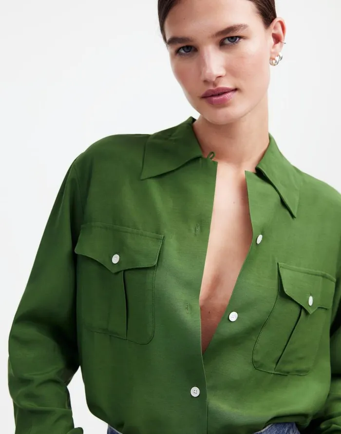 Tops and Shirts Women Madewell Alexa Chung For Madewell PleatPocket ButtonUp Shirt Dark Pine