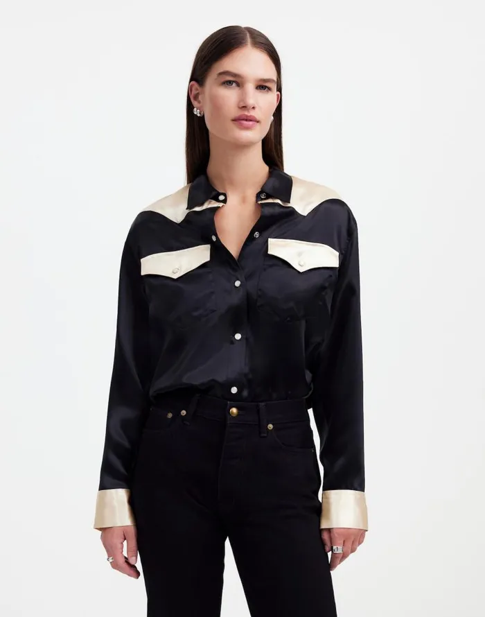 Tops and Shirts Women Madewell Alexa Chung For Madewell Satin Western Shirt True Black Alabaster Tops and Shirts Women Madewell Alexa Chung For Madewell Satin Western Shirt True Black Alabaster