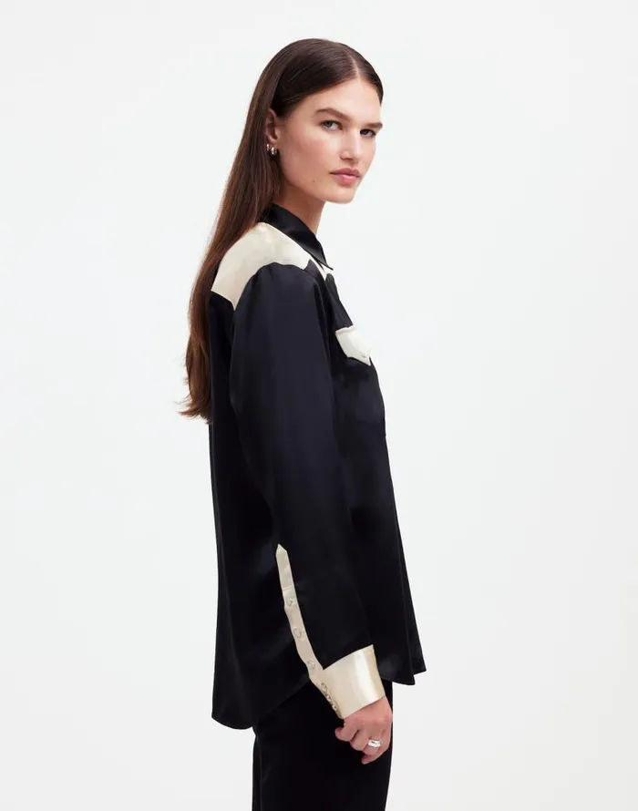 Tops and Shirts Women Madewell Alexa Chung For Madewell Satin Western Shirt True Black Alabaster