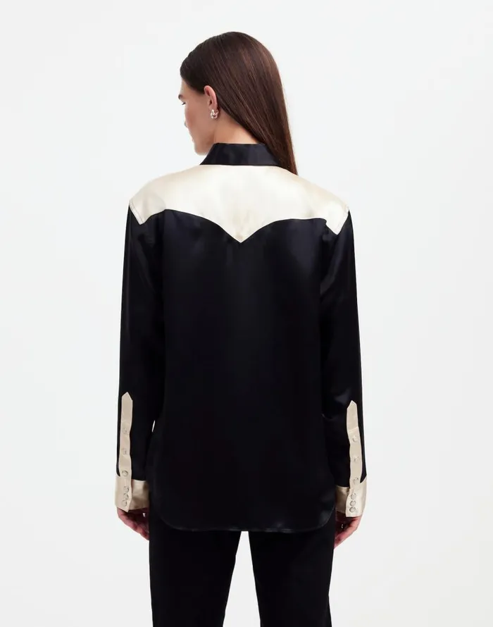 Tops and Shirts Women Madewell Alexa Chung For Madewell Satin Western Shirt True Black Alabaster