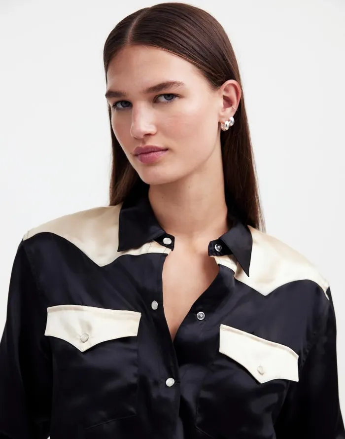 Tops and Shirts Women Madewell Alexa Chung For Madewell Satin Western Shirt True Black Alabaster