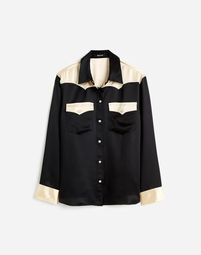 Tops and Shirts Women Madewell Alexa Chung For Madewell Satin Western Shirt True Black Alabaster