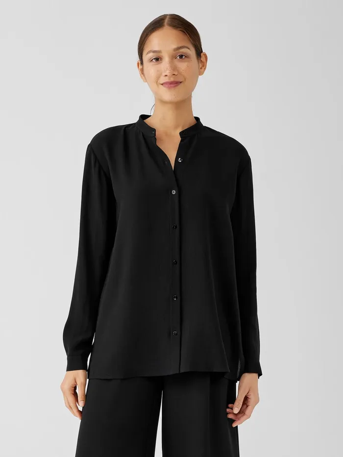 Tops and Tees Women Eileen Fisher Silk Georgette Crepe Mandarin Collar Shirt Black Tops and Tees Women Eileen Fisher Silk Georgette Crepe Mandarin Collar Shirt Black